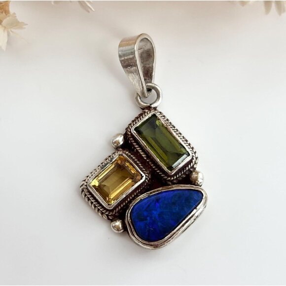 Lapis Lazuli, Citrine & Peridot Gemstone Sterling Silver 925 Vintage Pendant - Picture 1 of 9